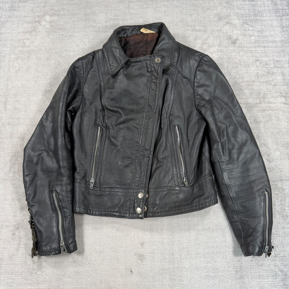 Vintage Leather Jacket Women 13 Black Biker  Fringe Motorcycle Western Moto